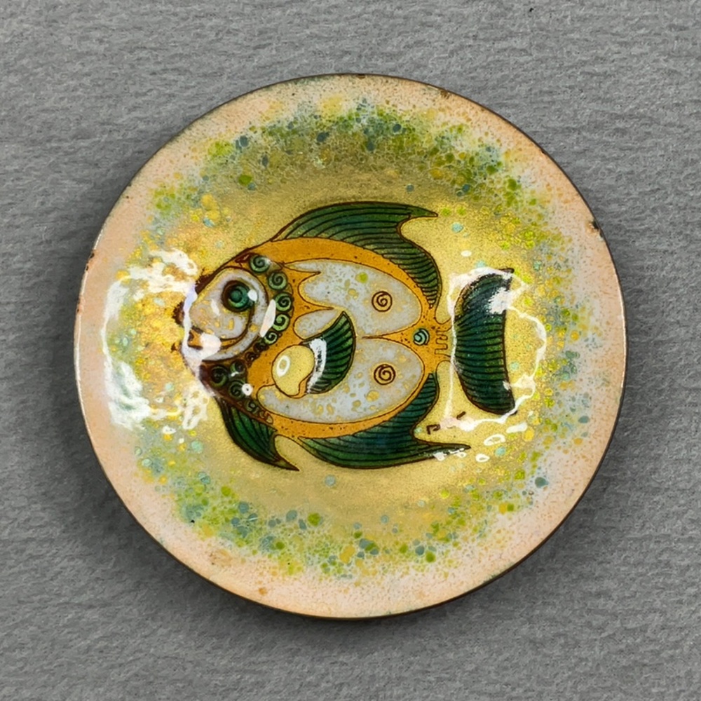 Phyllis Wallen Artistic Mid-Century Enamel on Copper “Fish” Design Glass Plate